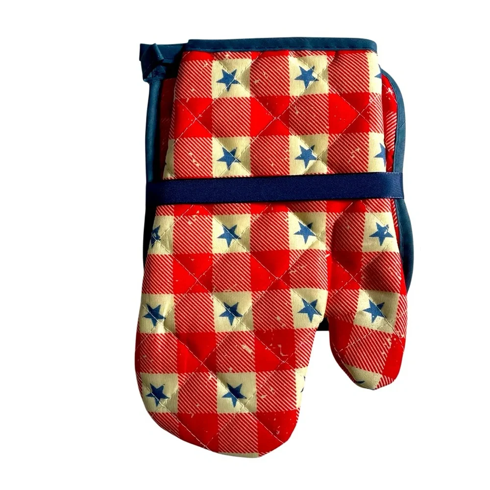 Patriotic Oven Mitt Pot Holder Set Patriotic Red White Plaid with Blue Stars